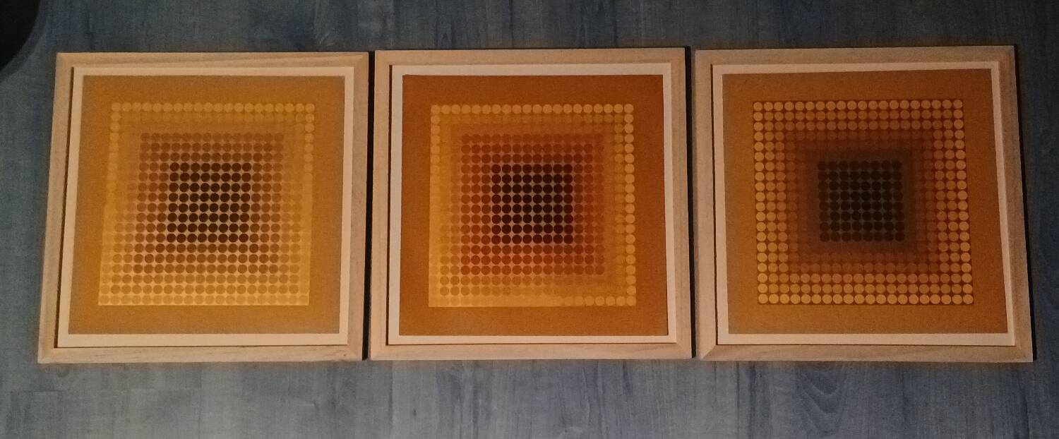 Vintage Optical Art Triptych - Vasarely Style - Frame 30x30cm