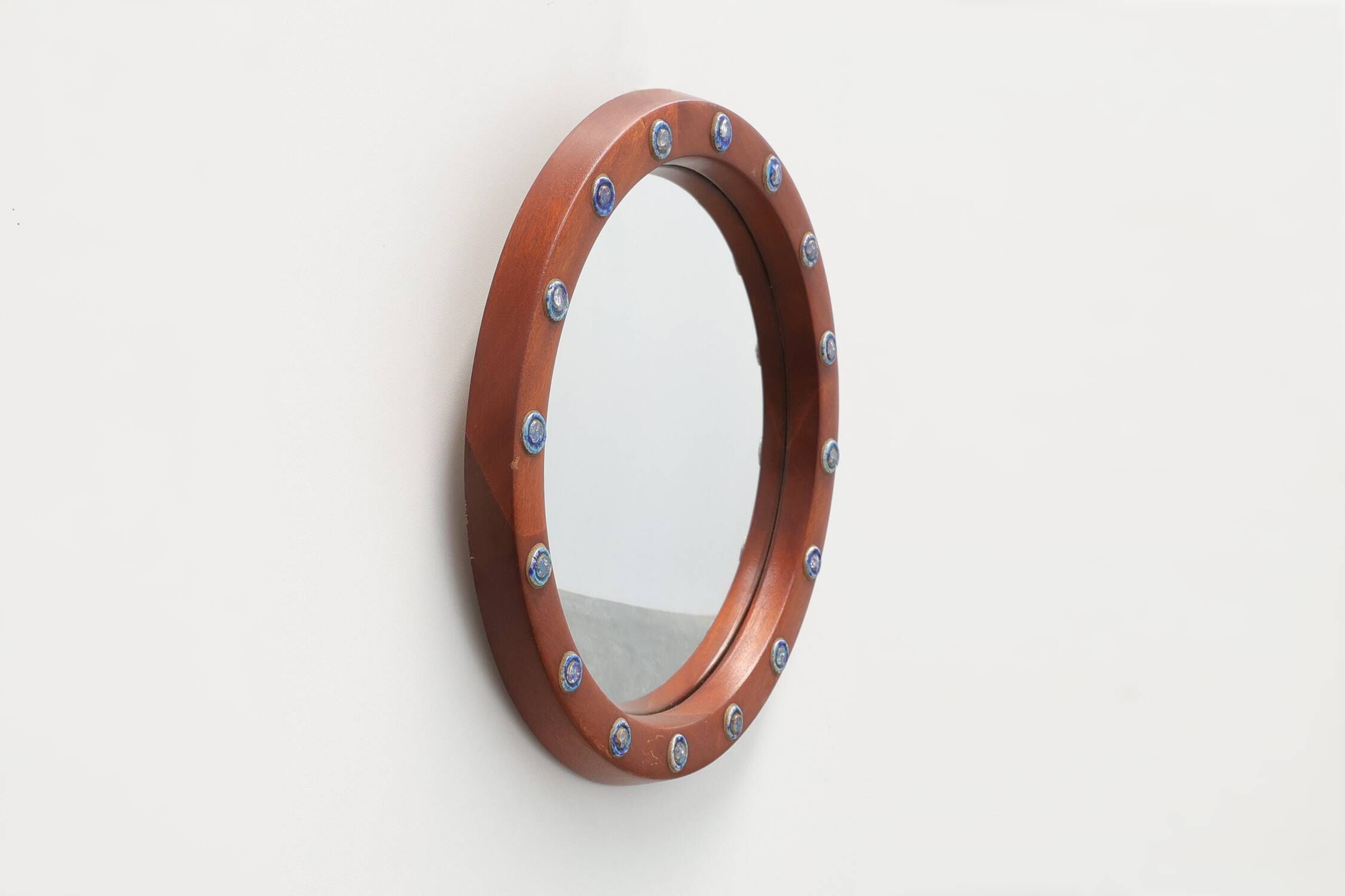 Round Teak Mirror with Blue Ceramic Stud Decoration by Deknudt, 1960s