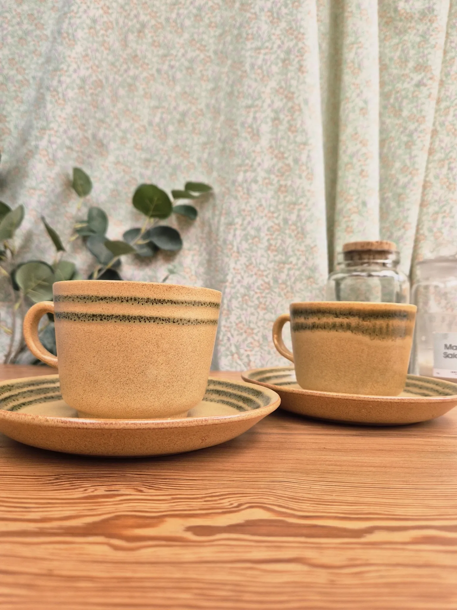 Two vintage Sarreguemines stoneware breakfast cups.