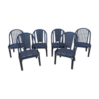 Set of 6 black bamboo rattan armchairs