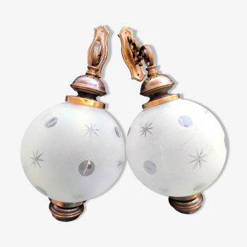 SCONCES BALL 1 pair of frosted glass with engraved stars and polished rounds