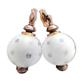 SCONCES BALL 1 pair of frosted glass with engraved stars and polished rounds