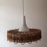 Scandinavian cylindrical pendant lamp with rattan dial and opaline in real and smoked glass