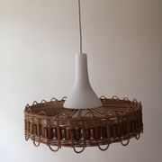 Scandinavian cylindrical pendant lamp with rattan dial and opaline in real and smoked glass