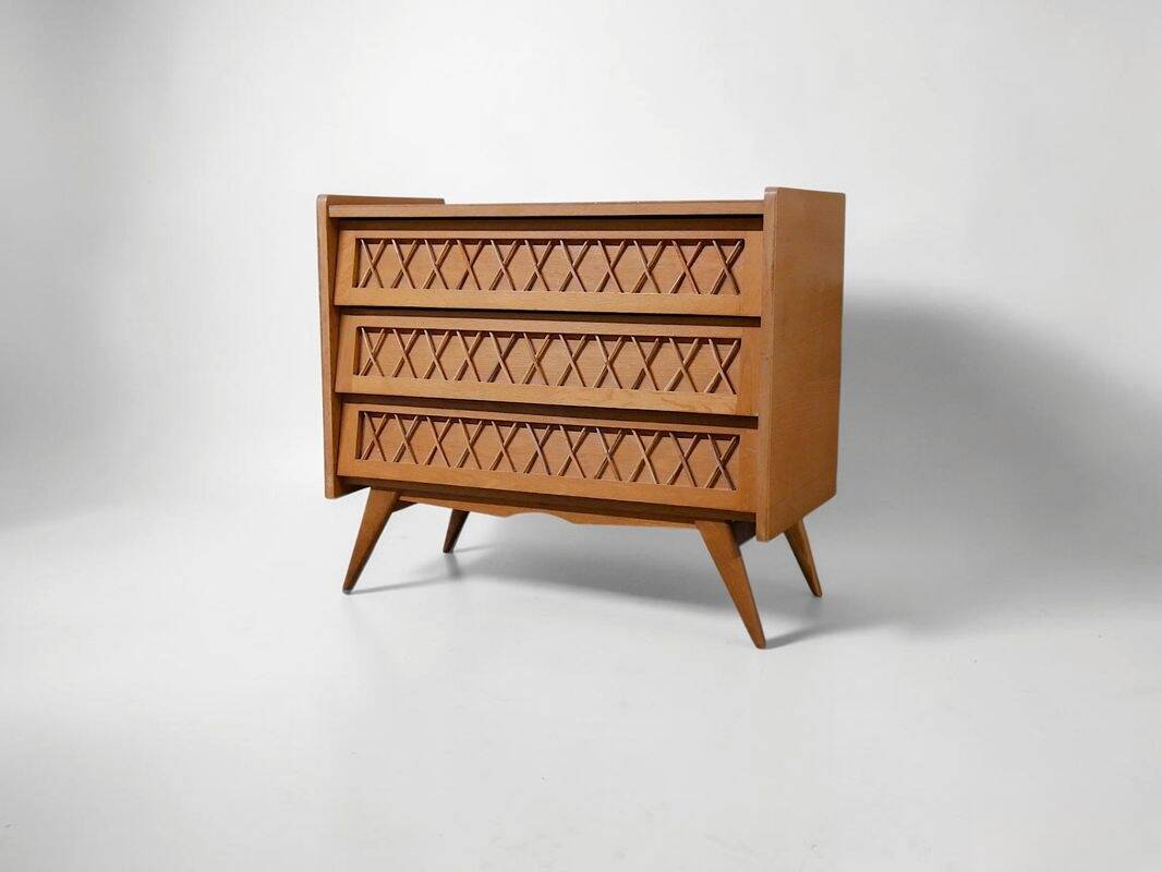 Commode rotin scandinave pieds compas - Vintage 1960