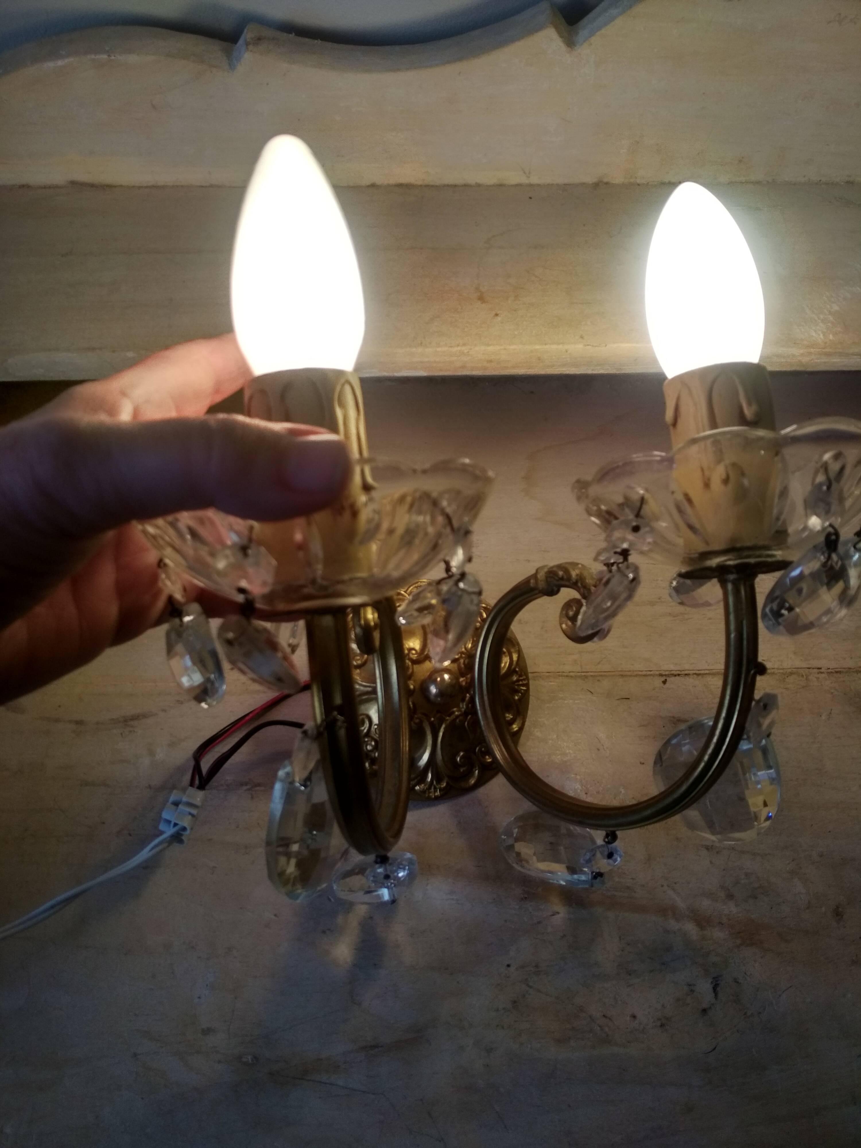 Golden brass wall light and crystal pendants - 2-light rococo light