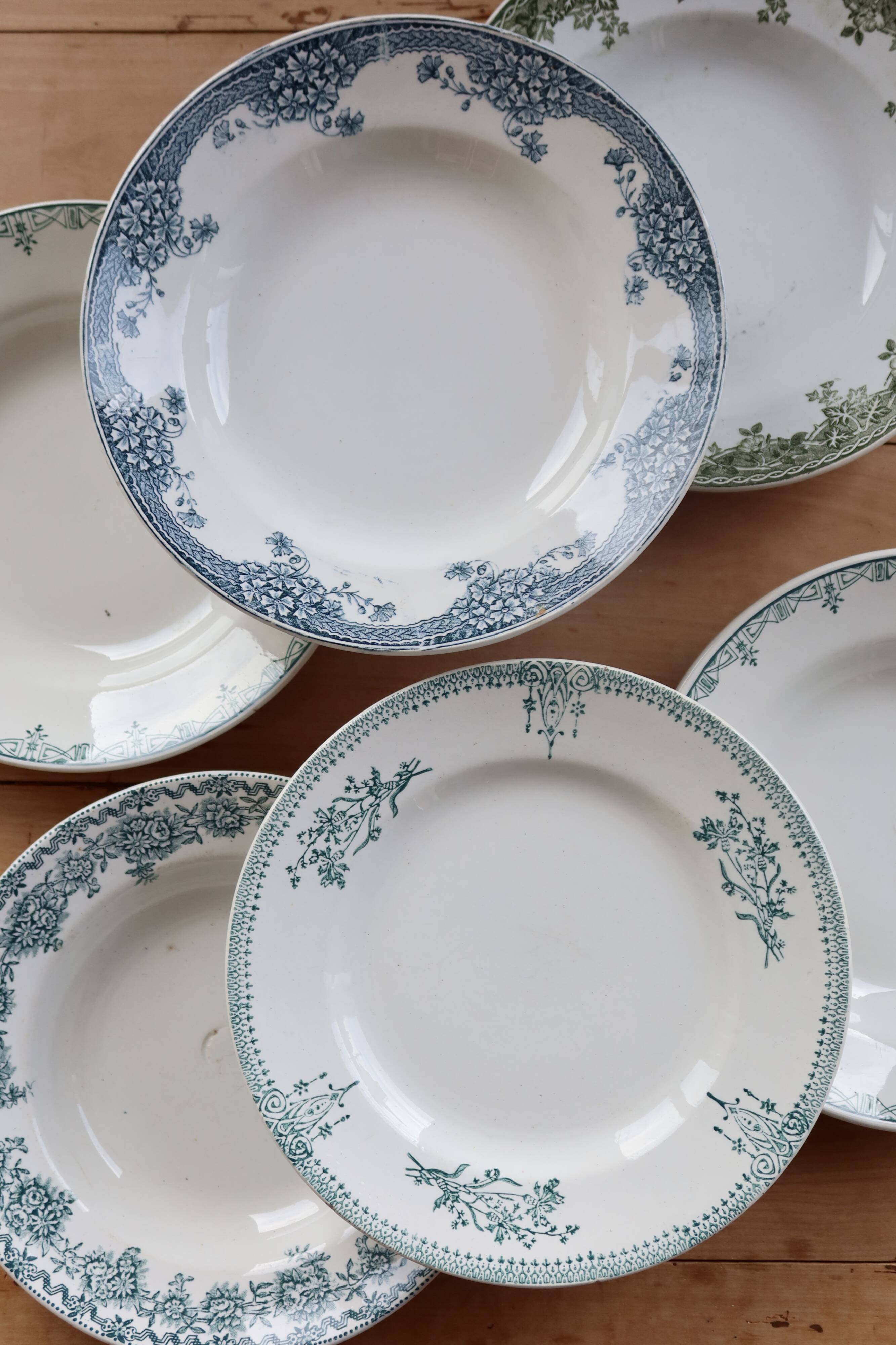 6 vintage ironstone deep plates mismatched - Blue and green tones