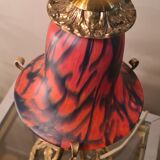 Wrought iron lamp patinated gold with beautiful marbled tulip orange, red, black, very beautiful 35x15 art deco