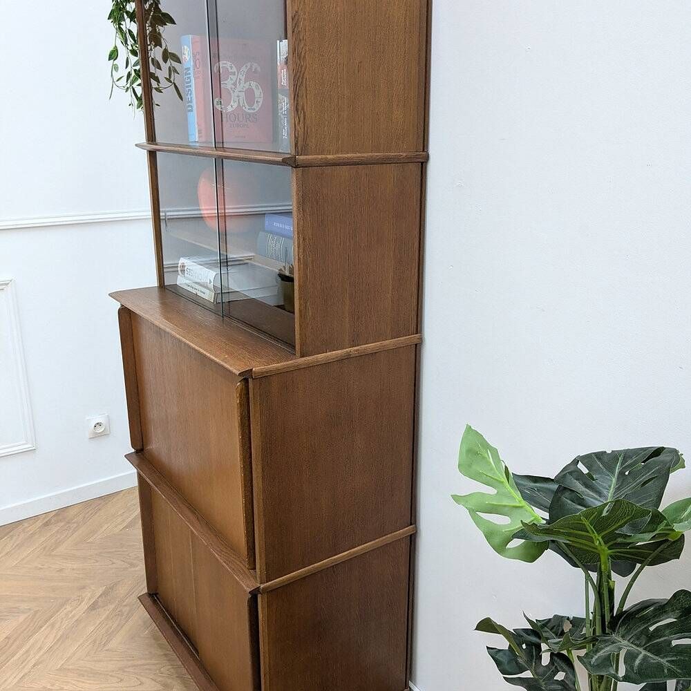 Vintage library by Didier Rozaffy for Oscar, oak and glass, 1950s.