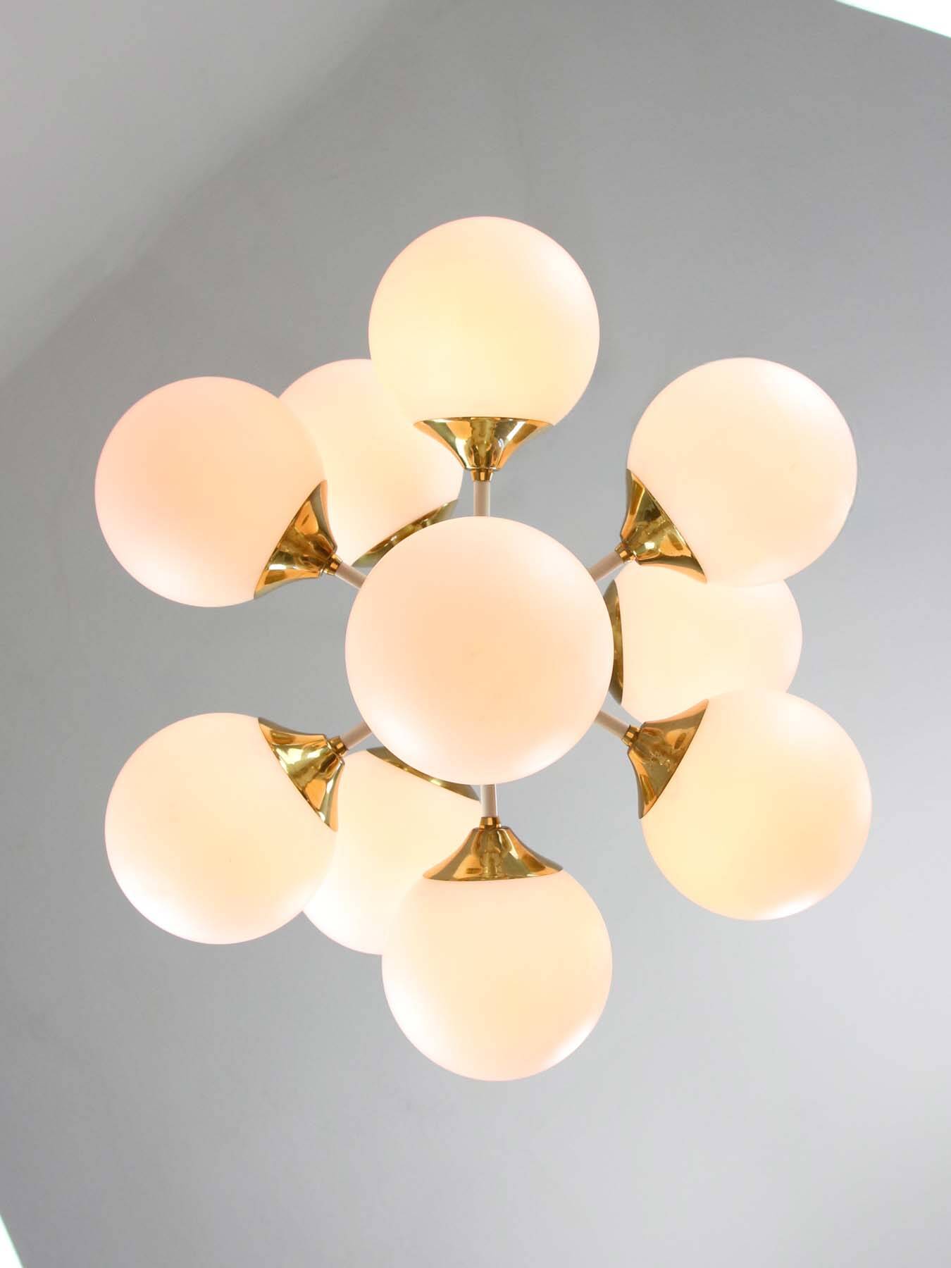 Vintage Italian Brass and Opaline 10 Arm Sputnik Chandelier, 1970s