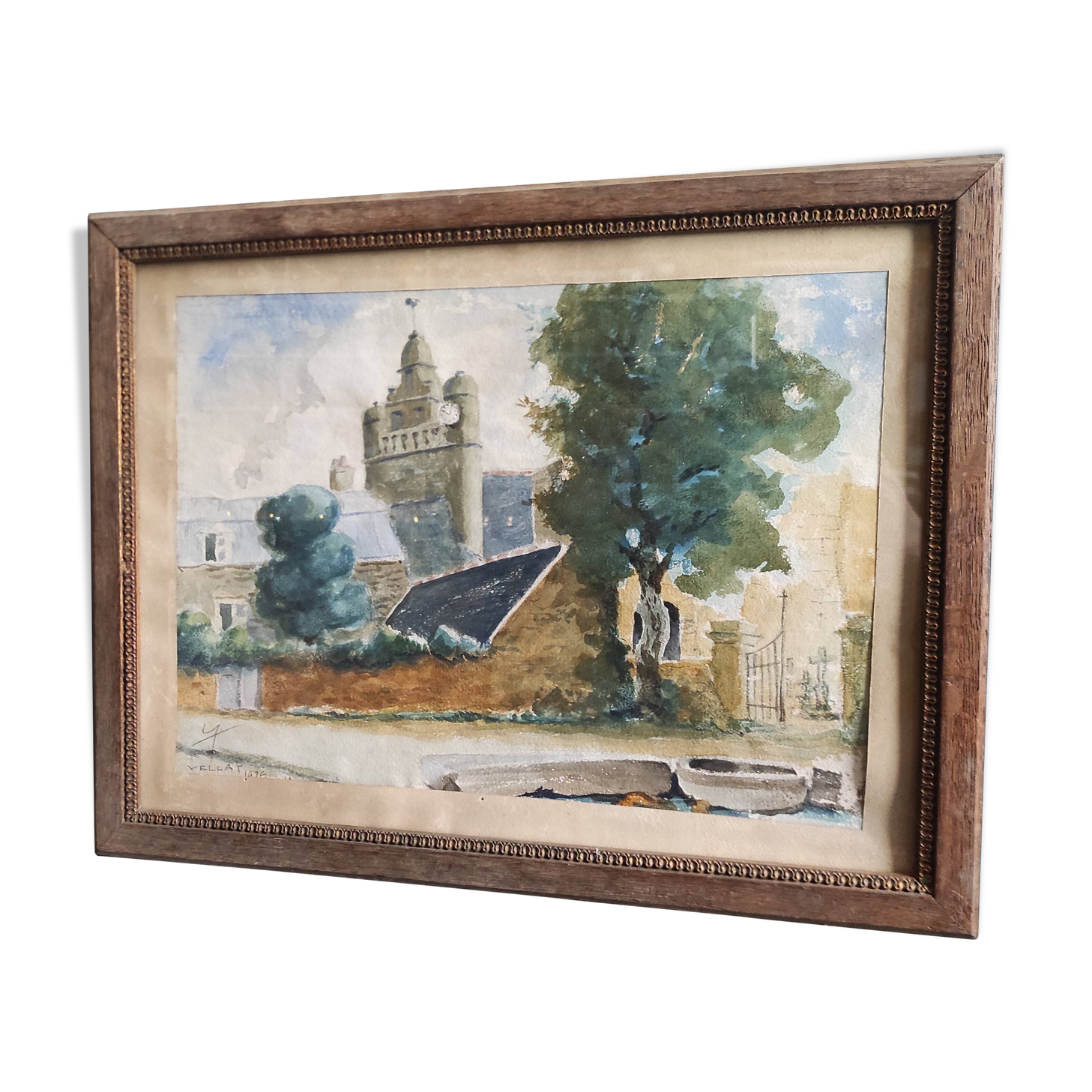 Vintage French watercolour of a village with a church, signed Vellat, from 1929  View on Etsy Copy