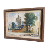 Aquarelle française d'un village avec une église, signée Vellat, 1929