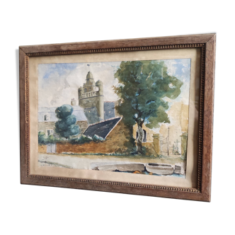 Vintage French watercolour of a village with a church, signed Vellat, from 1929  View on Etsy Copy