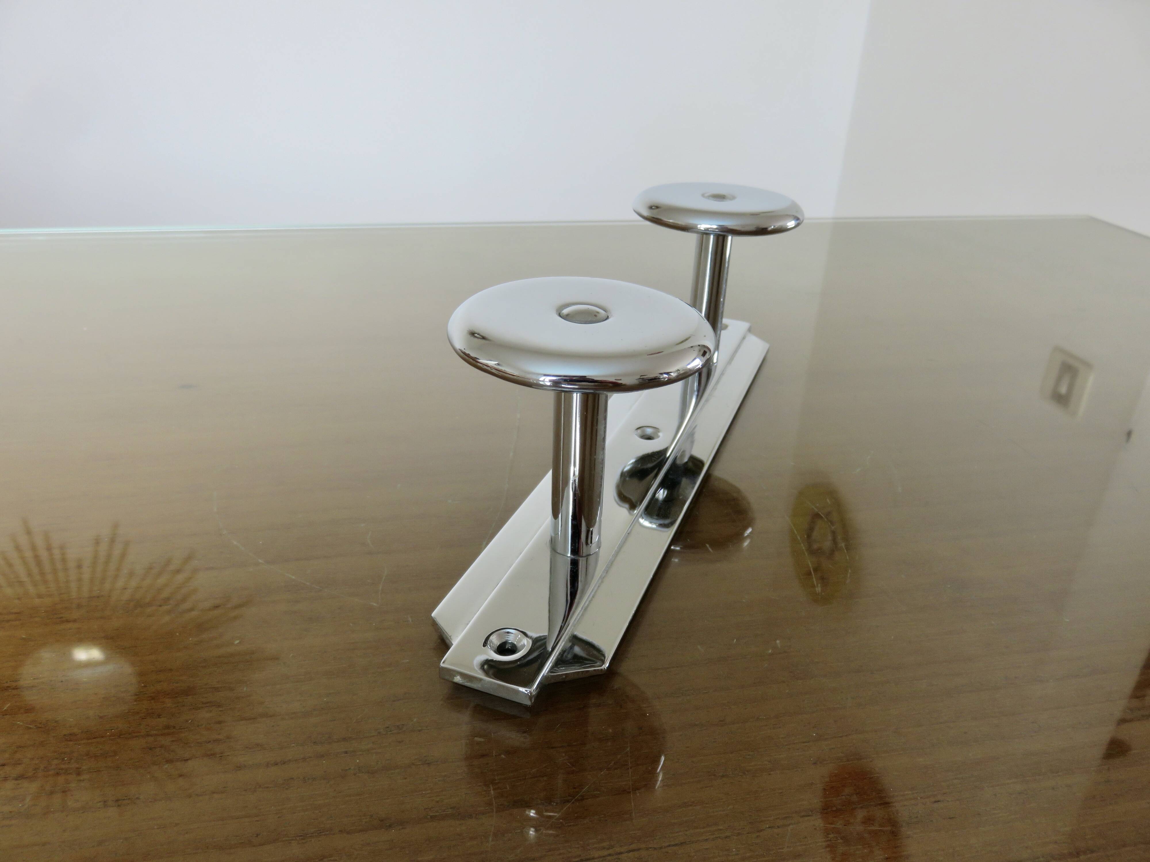 Wall-mounted coat rack in chrome brass, Art Deco, 2 hooks, 1940s 50s