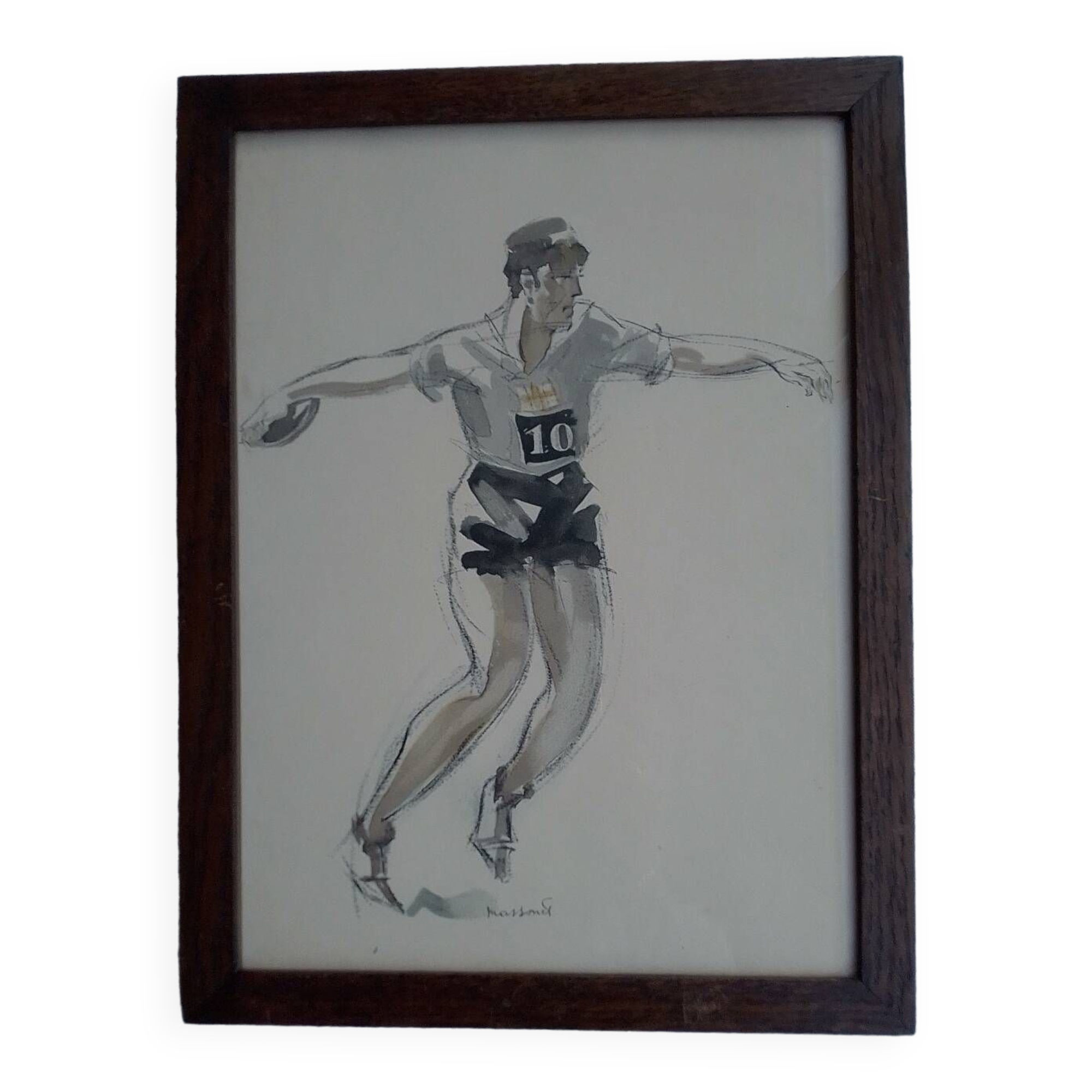 Watercolor drawing of a discus thrower, signed Massonet