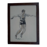 Watercolor drawing of disc thrower signed Massonet