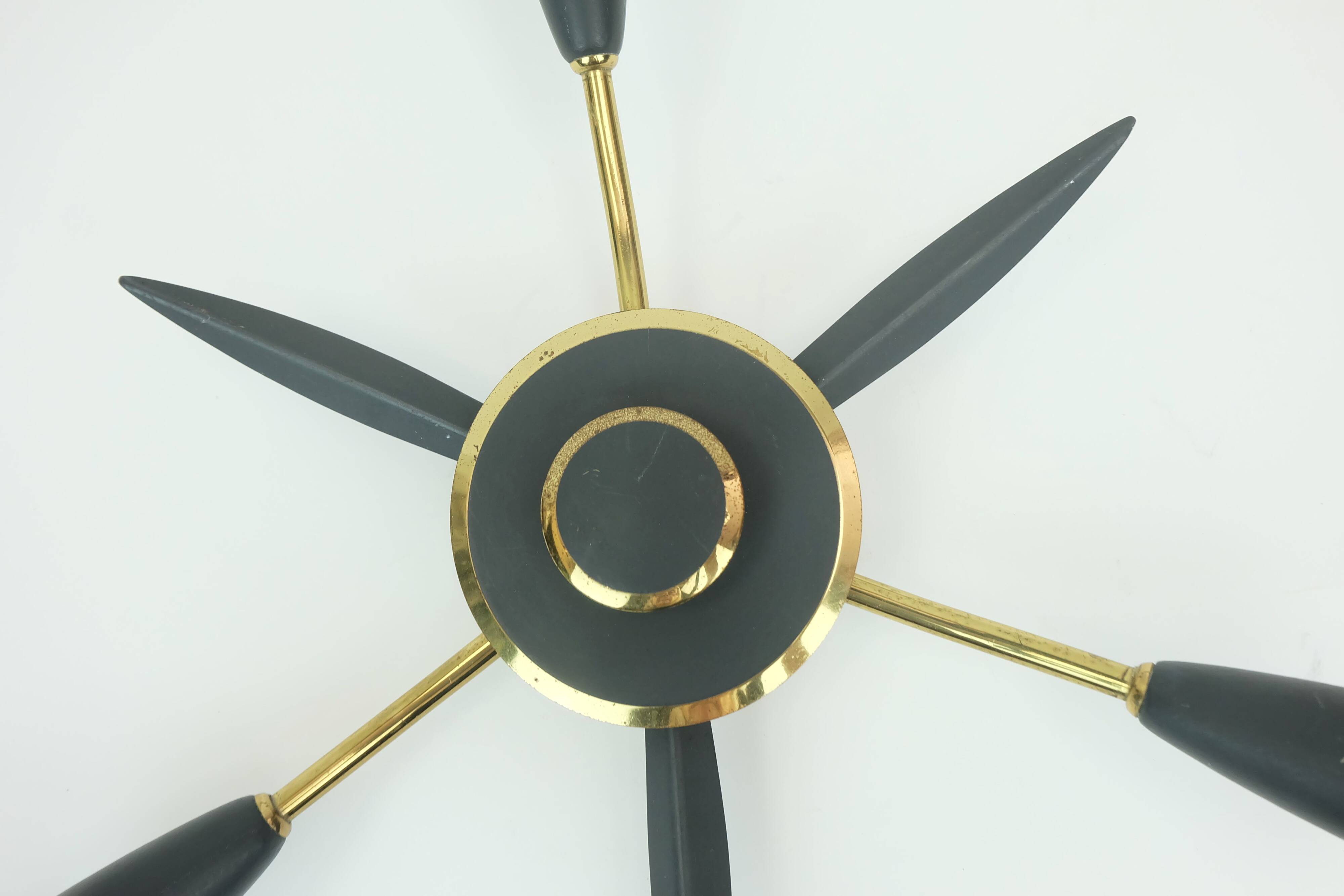 1950s mid century sputnik 3-light CEILING FIXTURE brass and dark grey metal