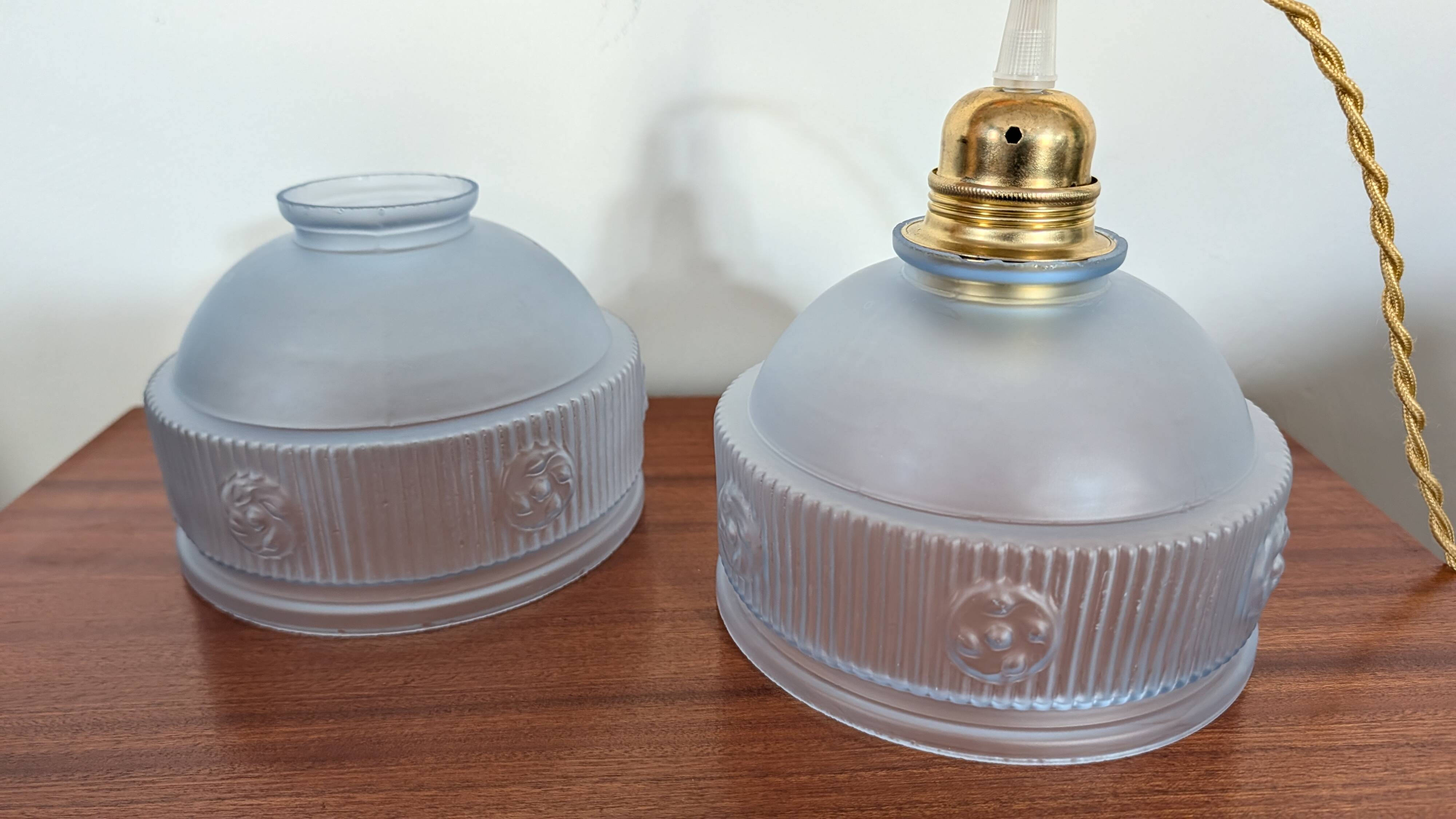 Pair of Art Deco lampshades in frosted blue glass