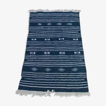 Tapis kilim bleu et blanc fait main en pure laine 95×65cm