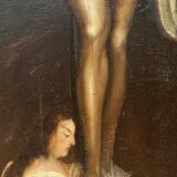 Beautiful religious work from the 17th century, oil on panel representing Christ on his cross with Mary Magdalene at his feet