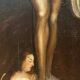 Beautiful religious work from the 17th century, oil on panel representing Christ on his cross with Mary Magdalene at his feet