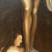 Beautiful religious work from the 17th century, oil on panel representing Christ on his cross with Mary Magdalene at his feet