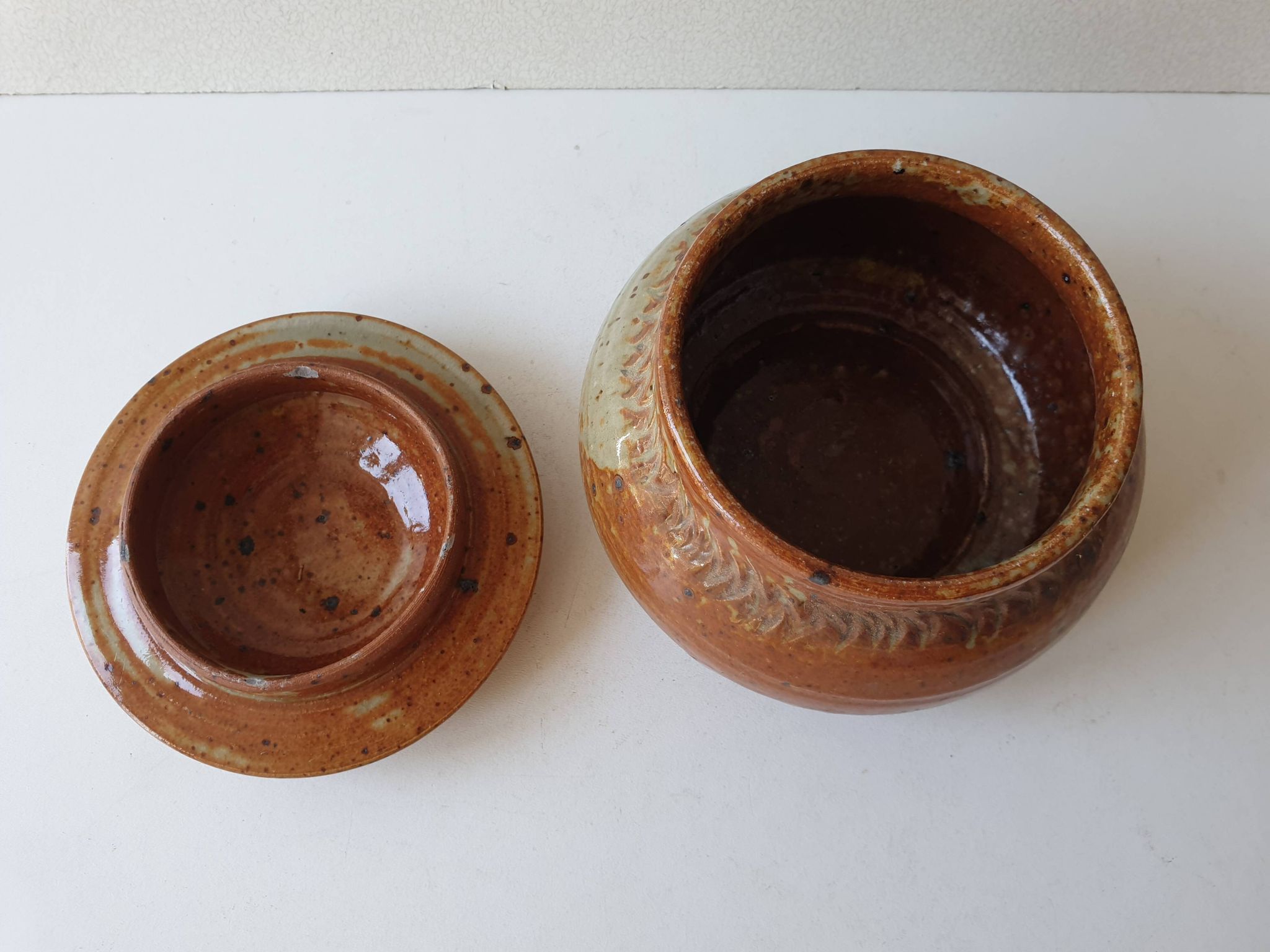 Pyrite stoneware ceramic candy box signed A (Signature to be identified)