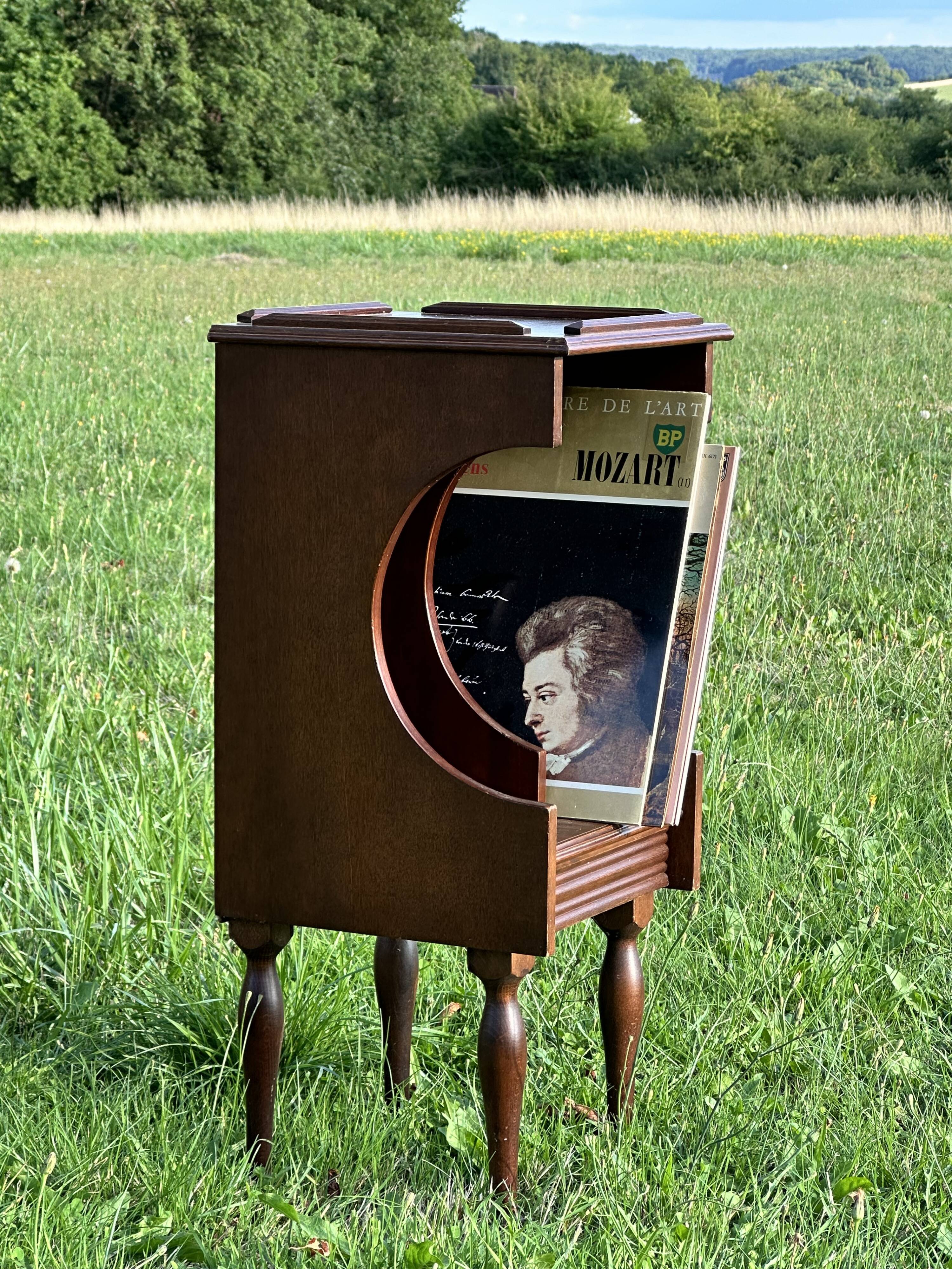 Vintage Dark Brown Wood Side Table - Vinyl Record Book Holder