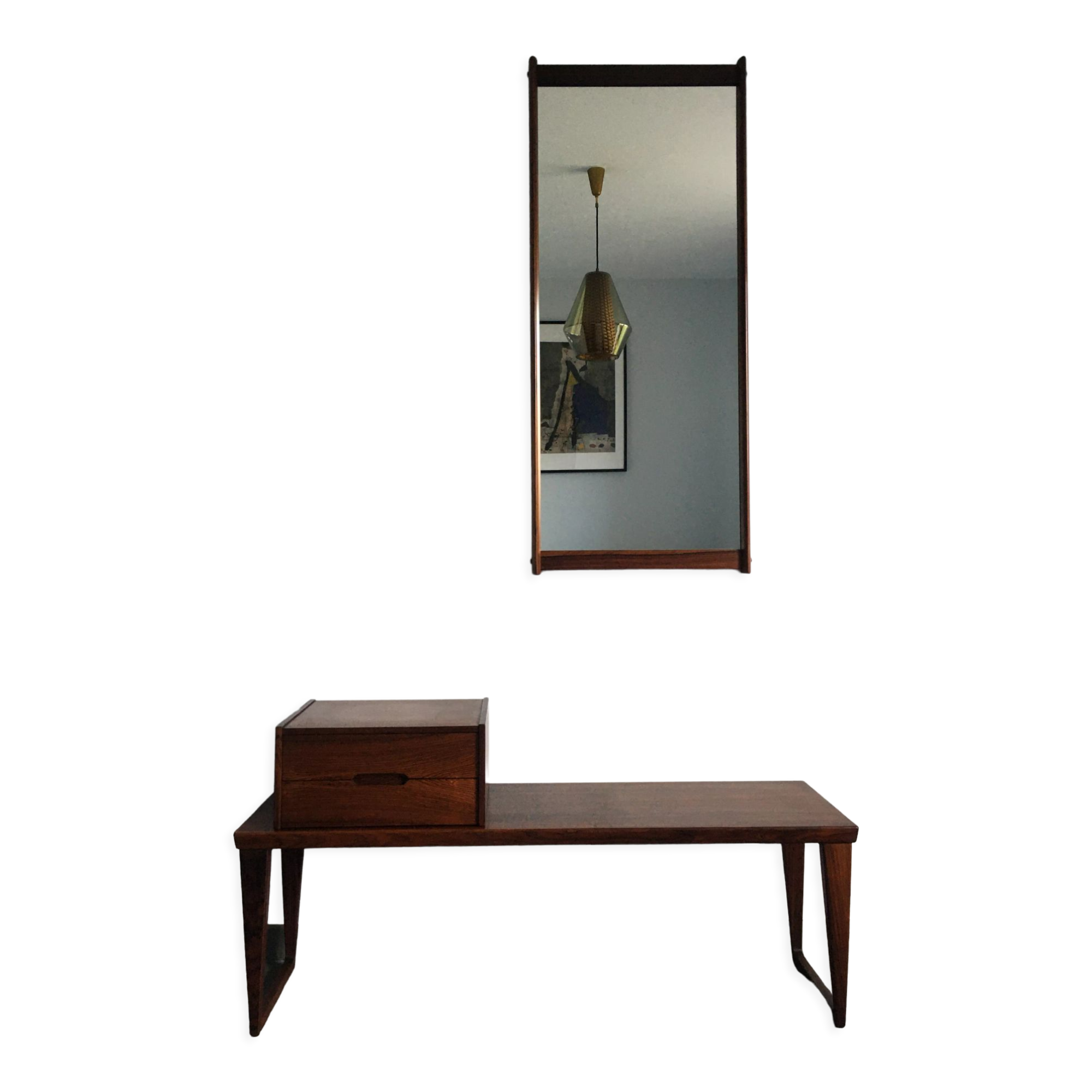 Scandinavian rosewood mirror and bench by Aksel Kjersgaard 60s