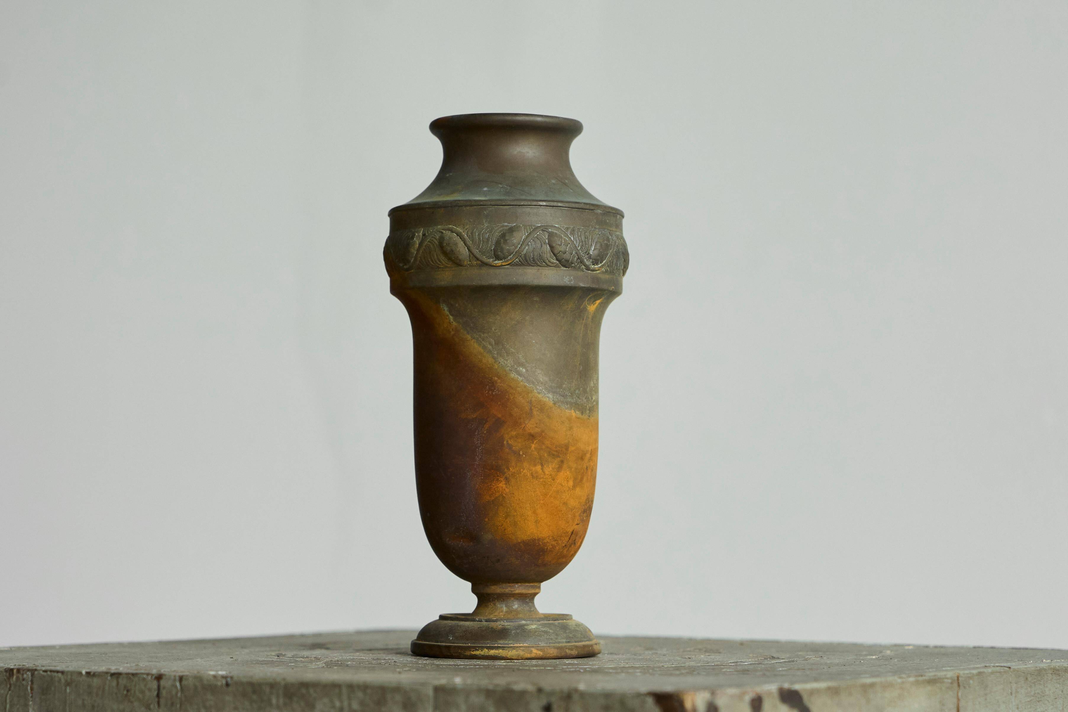 Art Deco vase in patinated metal, unique Wabi-Sabi piece.