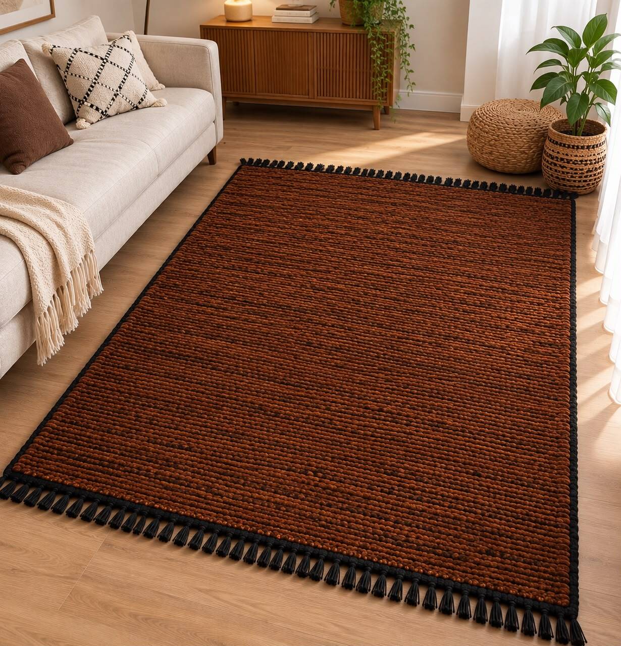 Moroccan Berber Mrirt rug in tobacco brown wool, black weave – 210 × 300.
