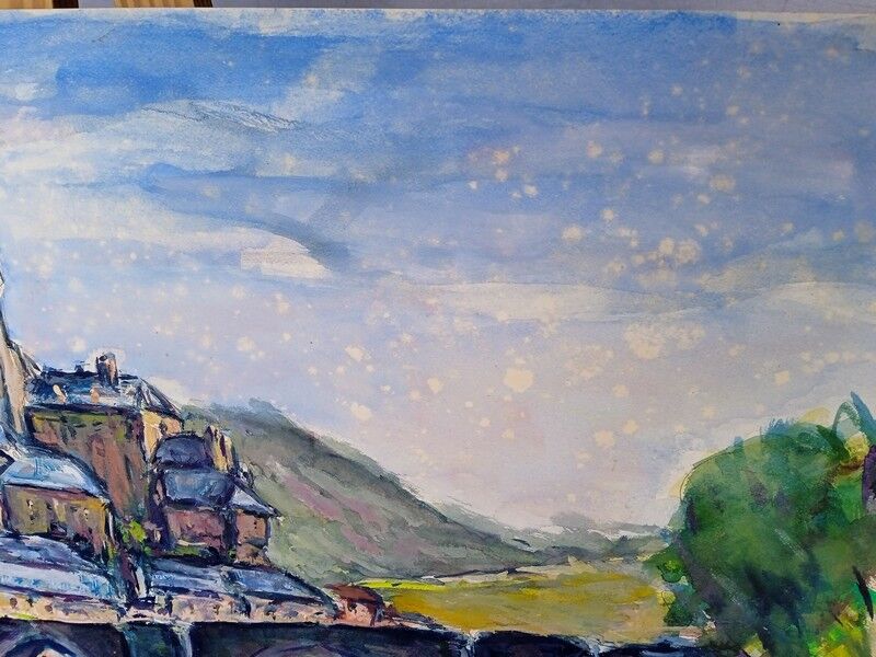 Landscape village old gouache bridge / paper 65/50cm