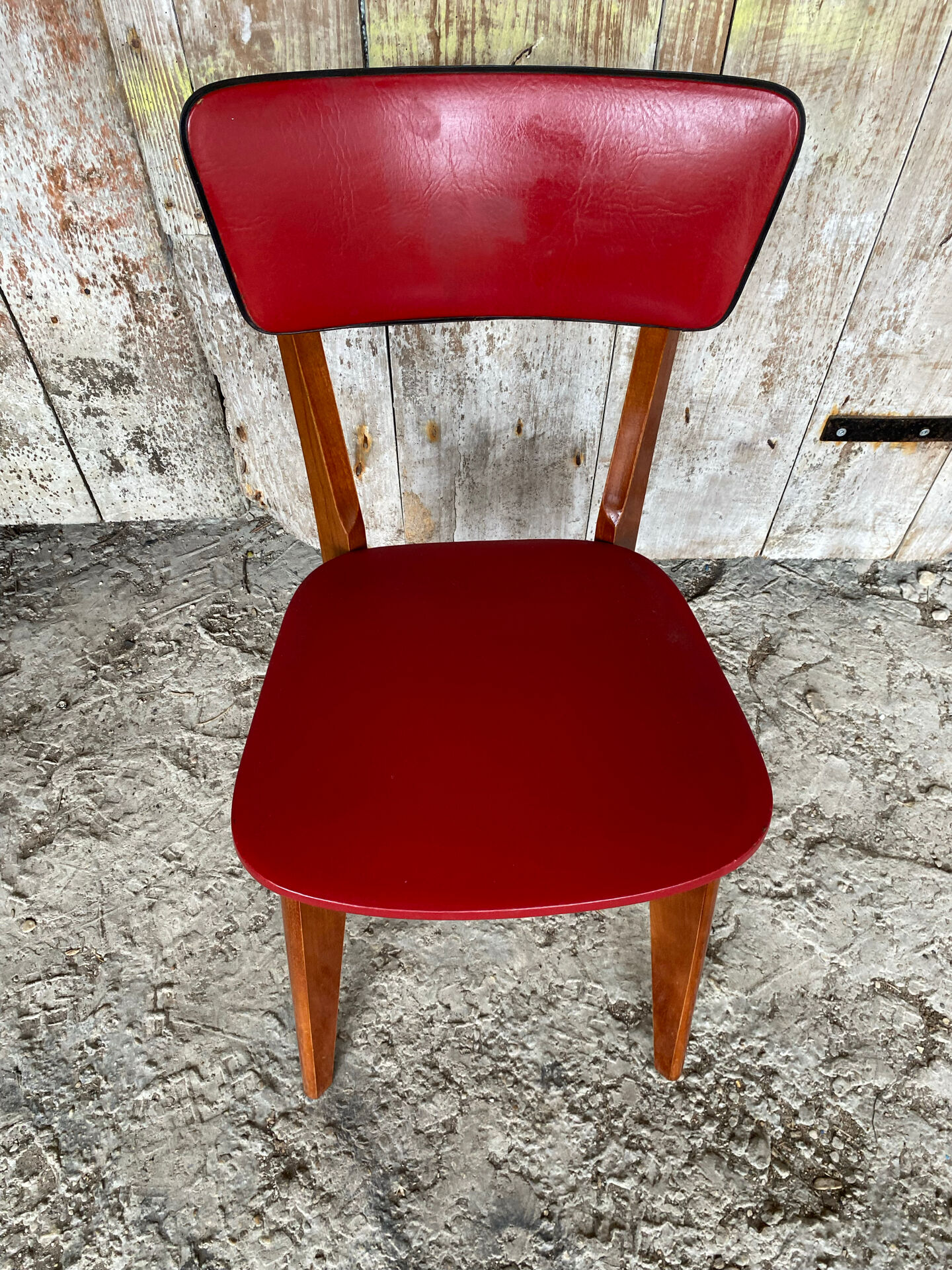 Vintage 1960s Scandinavian Chair Wood + Red Faux Leather