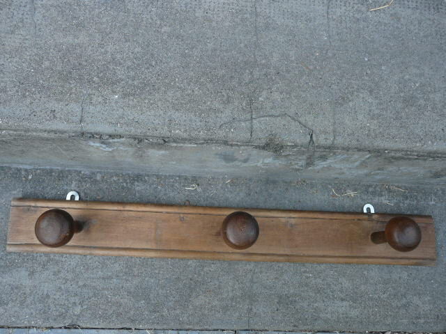 Wooden wall coat holder with 3 vintage hooks