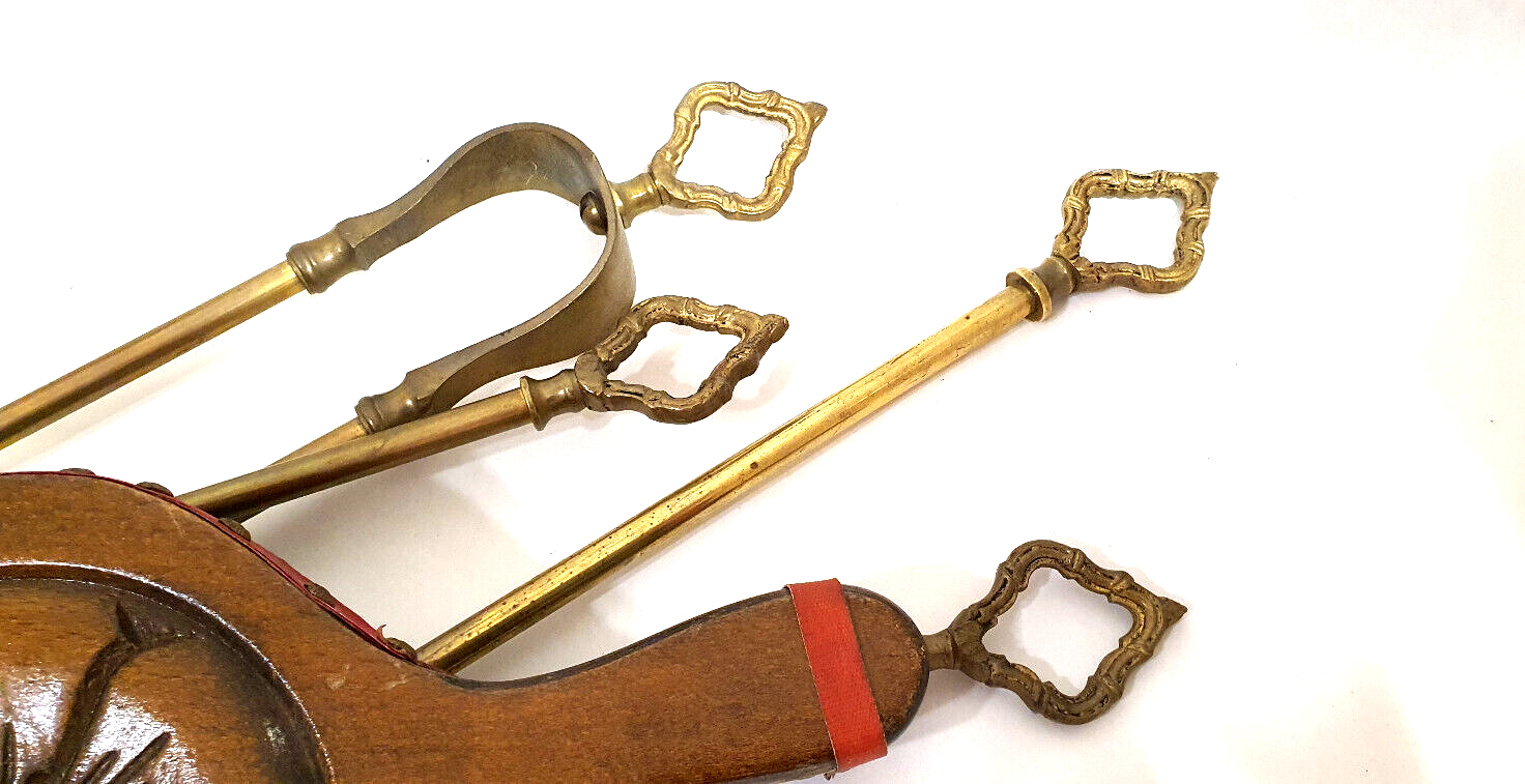 Old bronze chimney servant shovel broom bellows and clamp