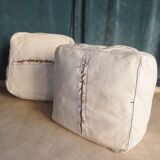 Pair of vintage square poufs in white leather, losanges patterns circa 1970