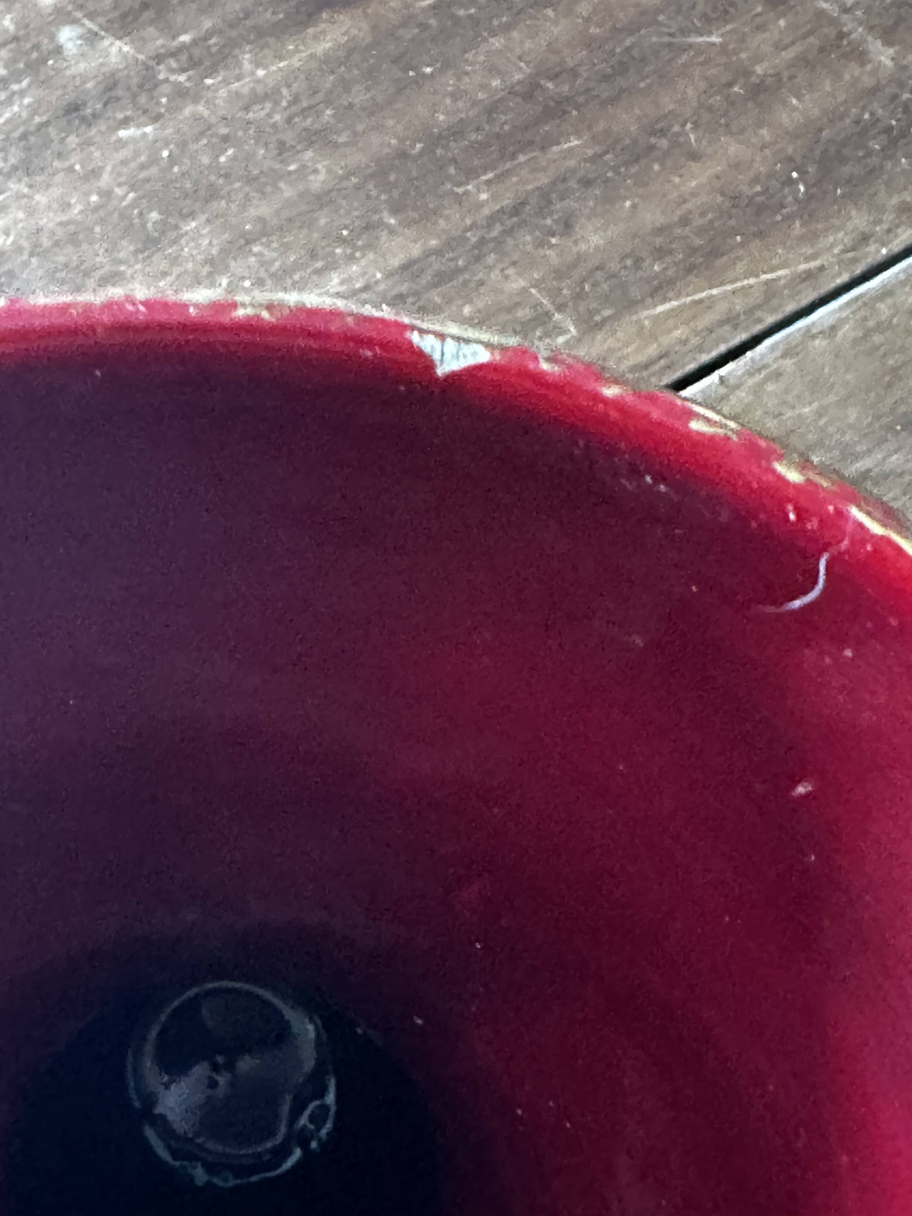 Ringed ceramic vase from Louviers, red and gold, 1950s