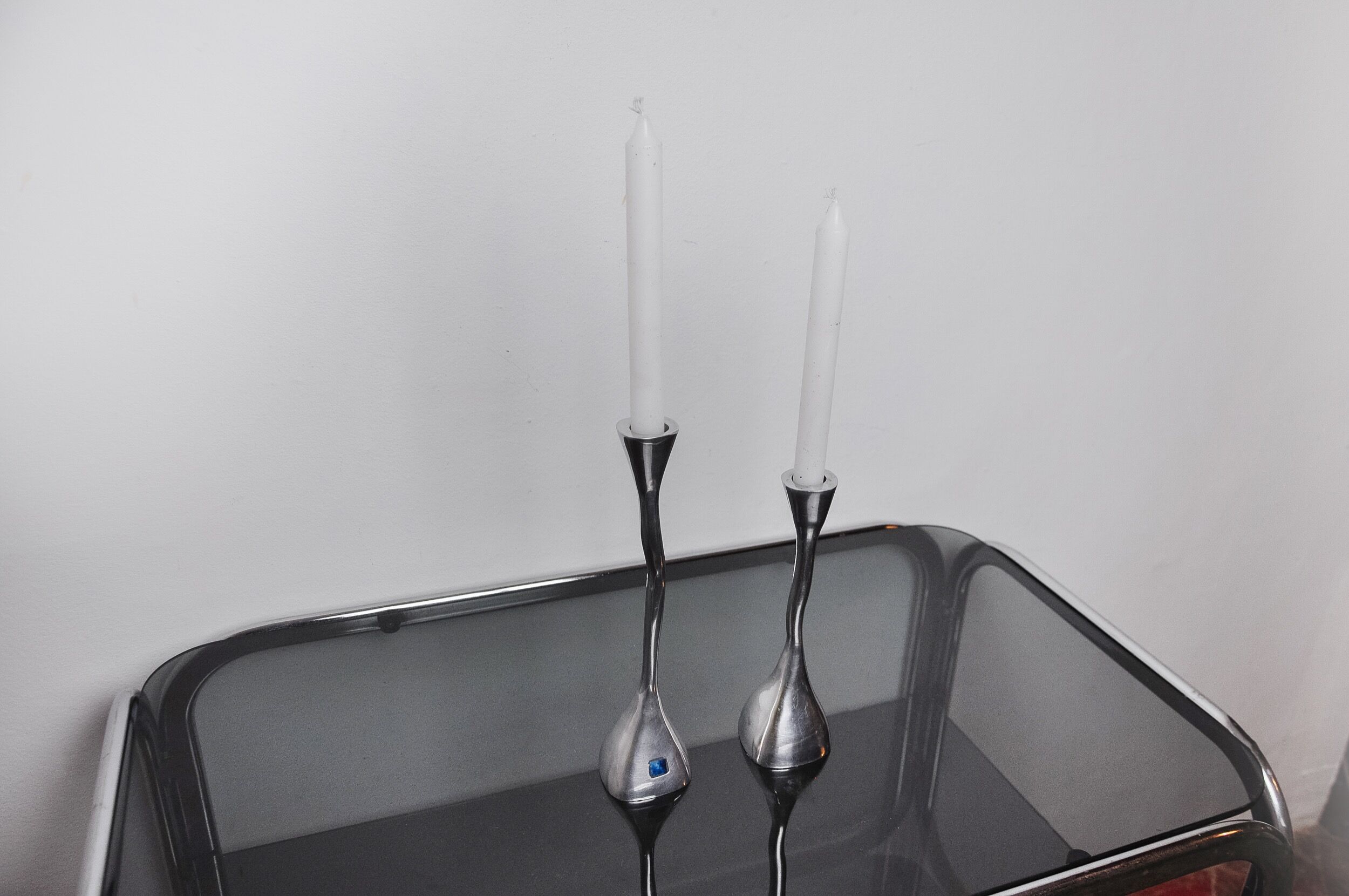 Pair of zigzag candle holders, solid aluminum and polished stone, art3, Spain, 1970