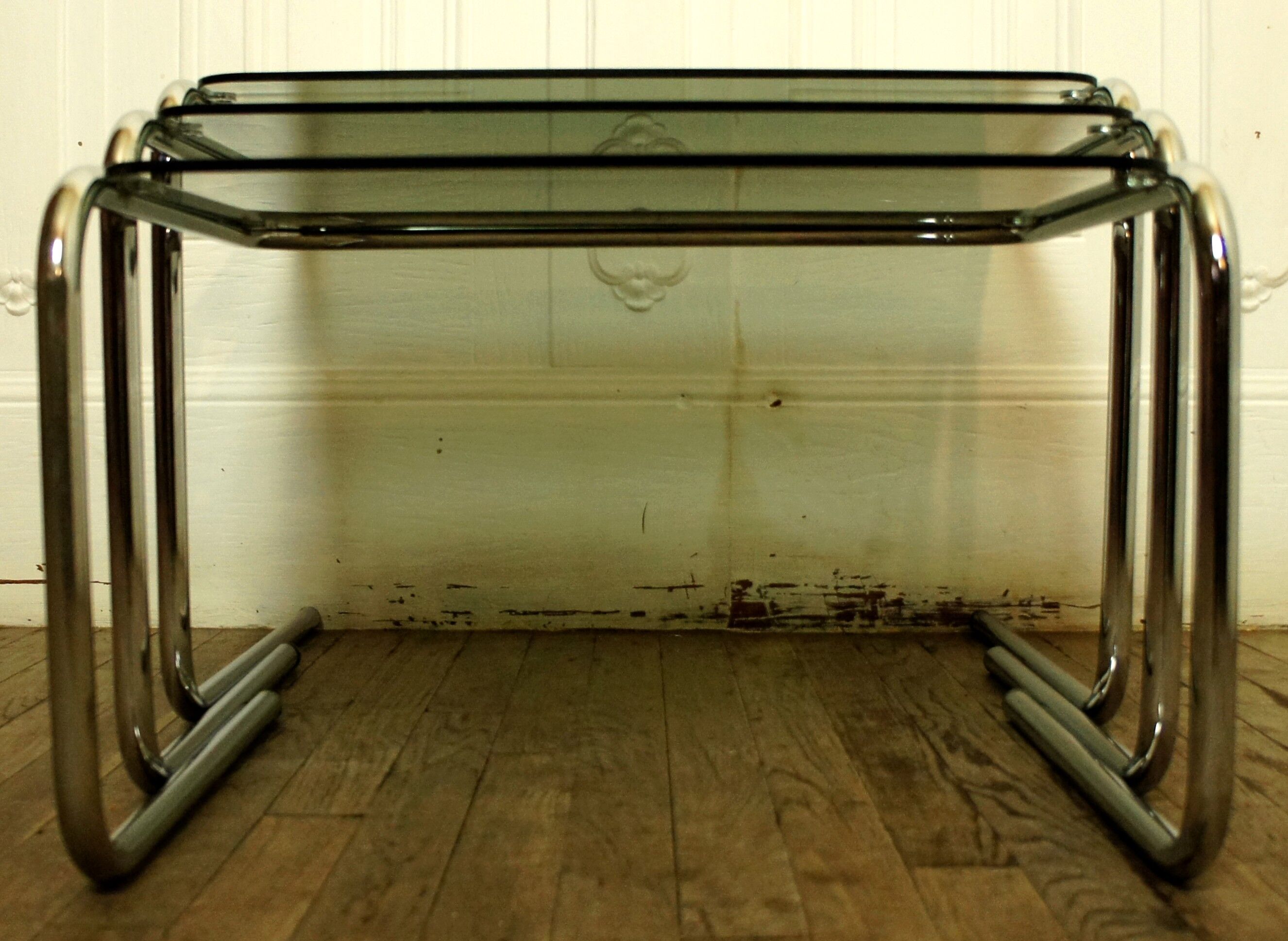 Tables in chrome metal and smoked glass 1970