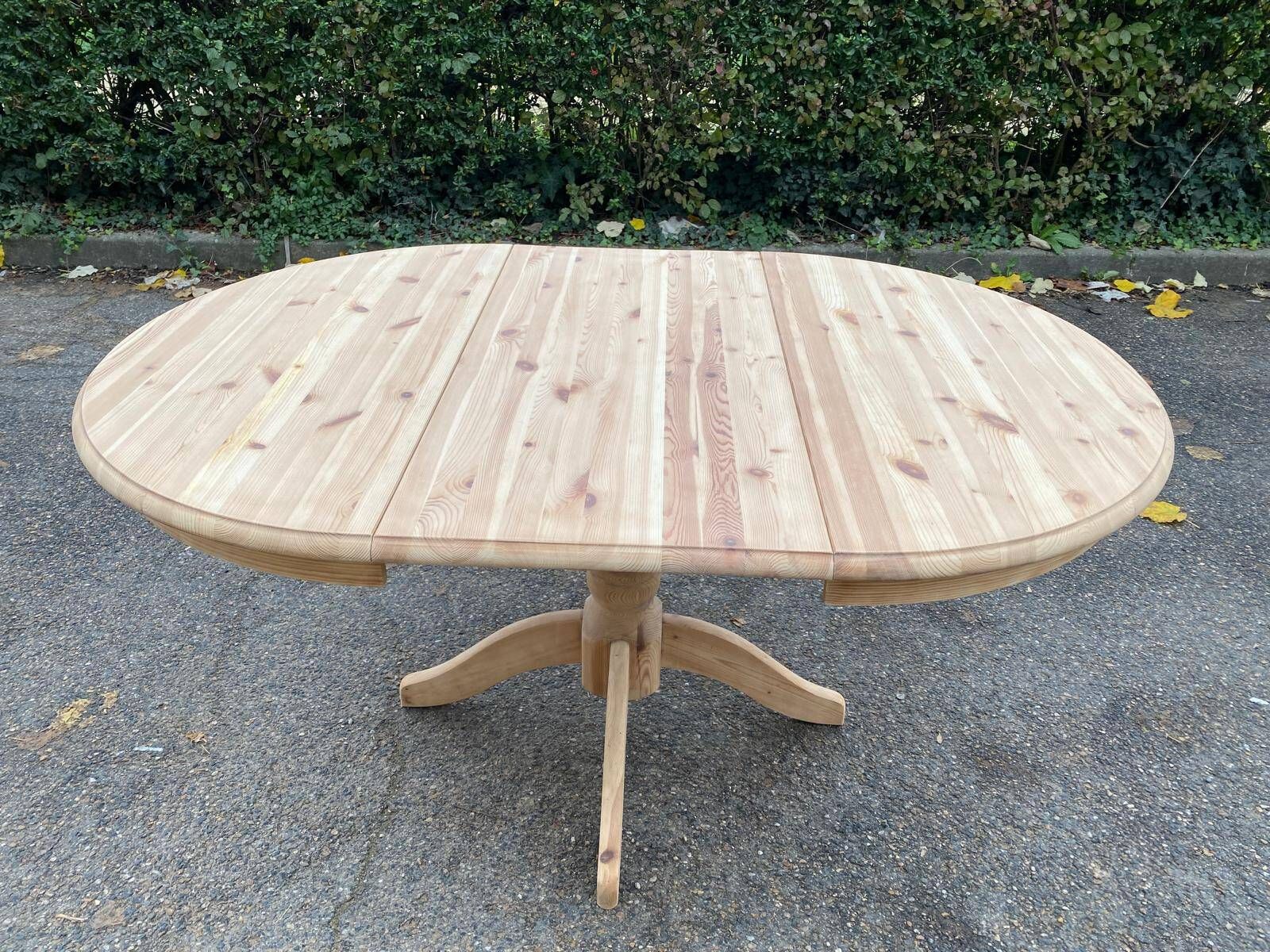 Extendable round dining table with central leg renovated in raw solid wood 105cm