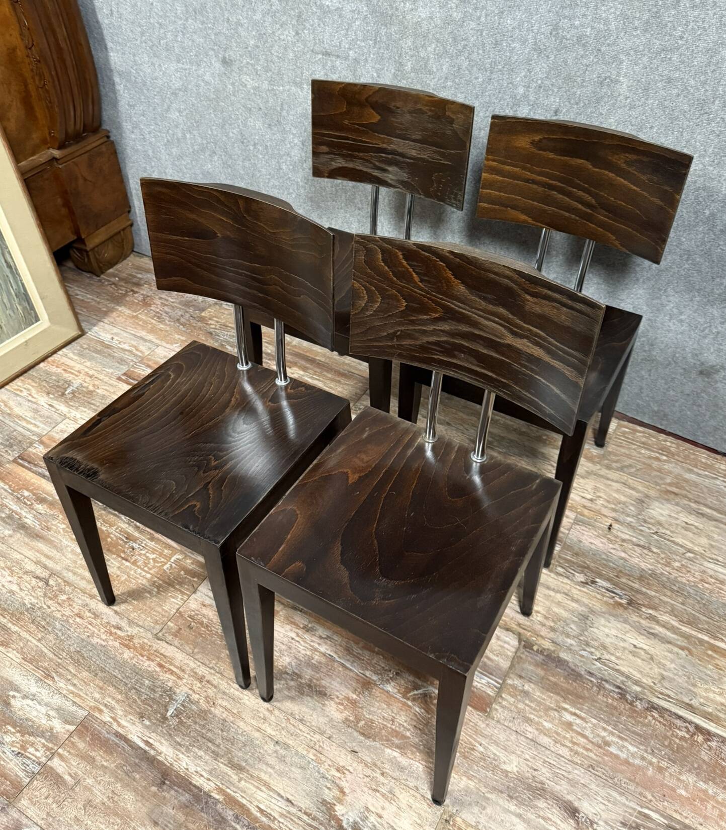 Set of four 1970's Design chairs in stained grained wood