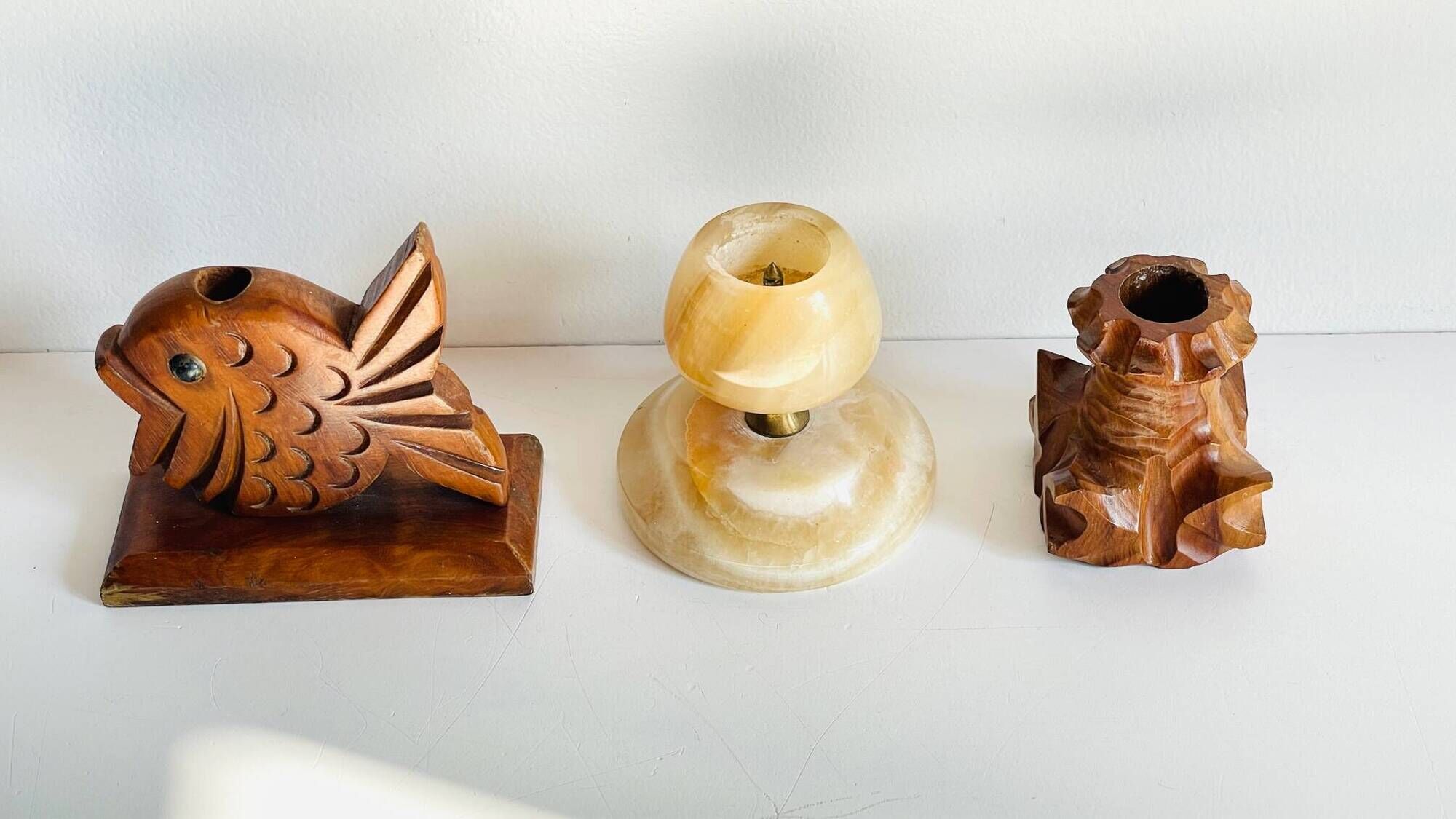 Trio of vintage wood and onyx candle holders