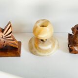 Trio of vintage wood and onyx candle holders