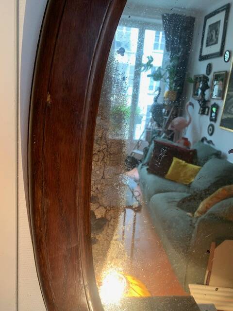 Large antique oval mahogany mirror, mercury glass, 19th century