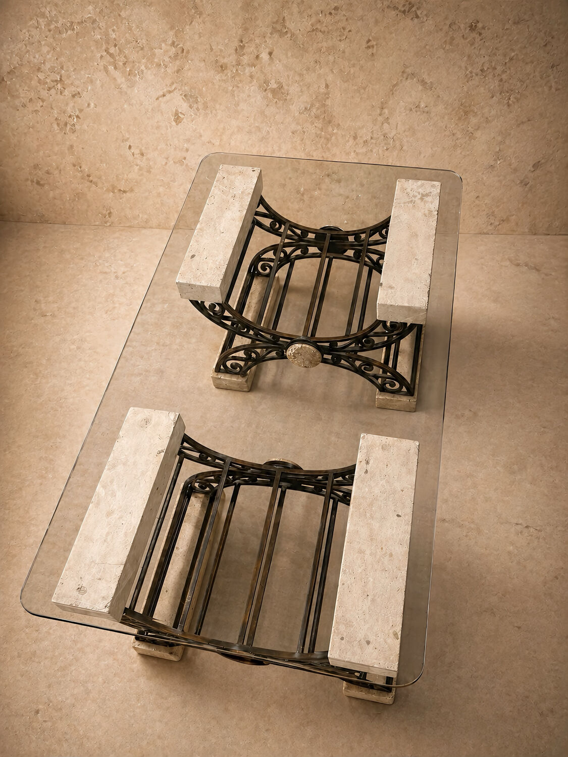 Travertine table with wrought iron, Italy circa 1980.