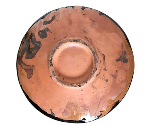 Vintage terracotta dish with enamelled geometric decoration, 20th century