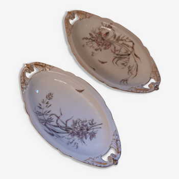 Set of 2 raviers decorated with flowers and butterflies, Limoges porcelain, vintage Haviland