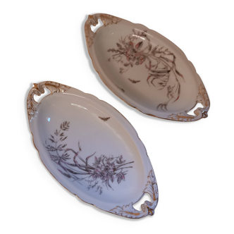 Set of 2 raviers decorated with flowers and butterflies, Limoges porcelain, vintage Haviland