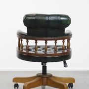 Dark green cowhide leather and wood chesterfield office chair on wheels