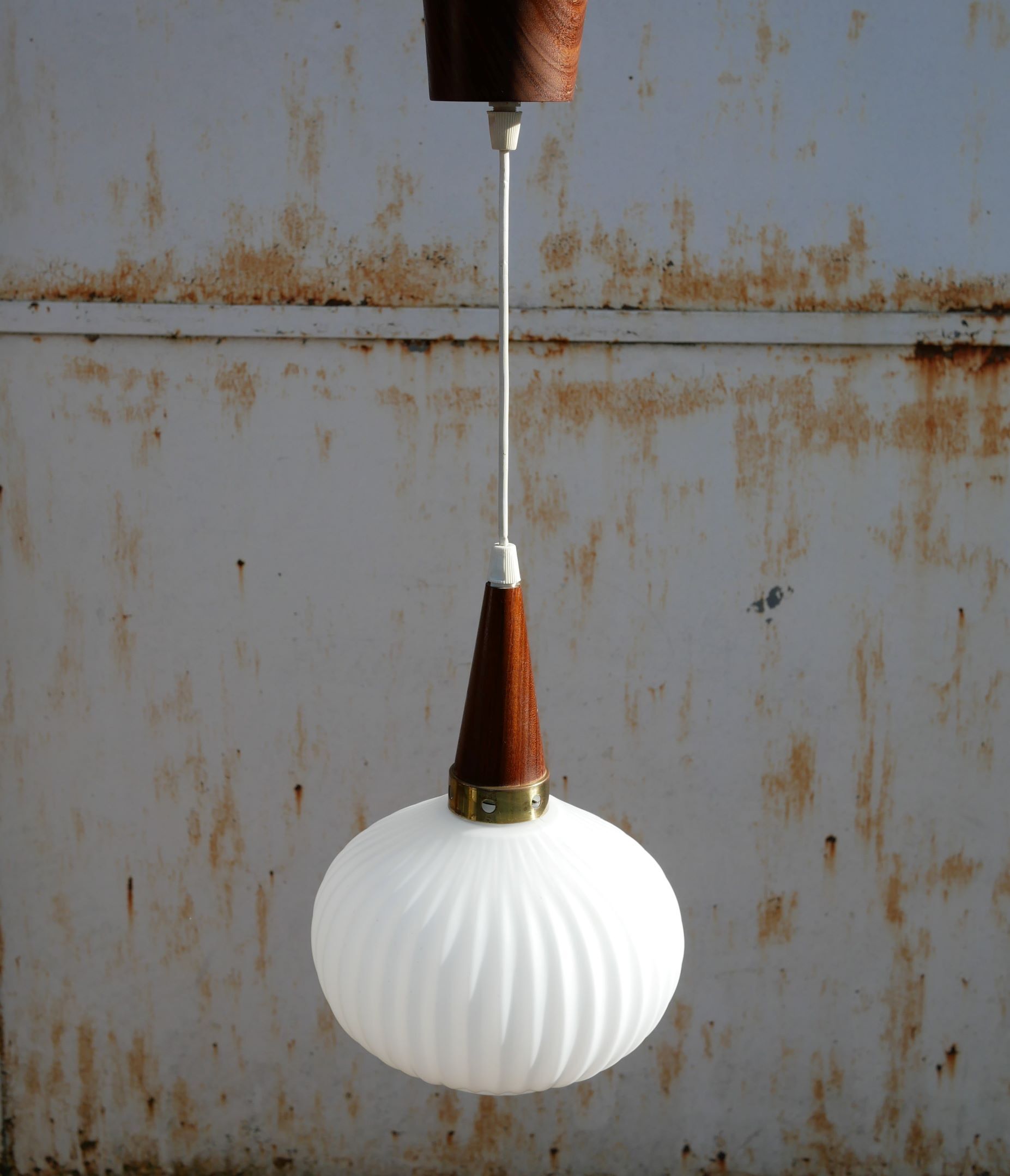 Teak hanging lamp, opaline and brass